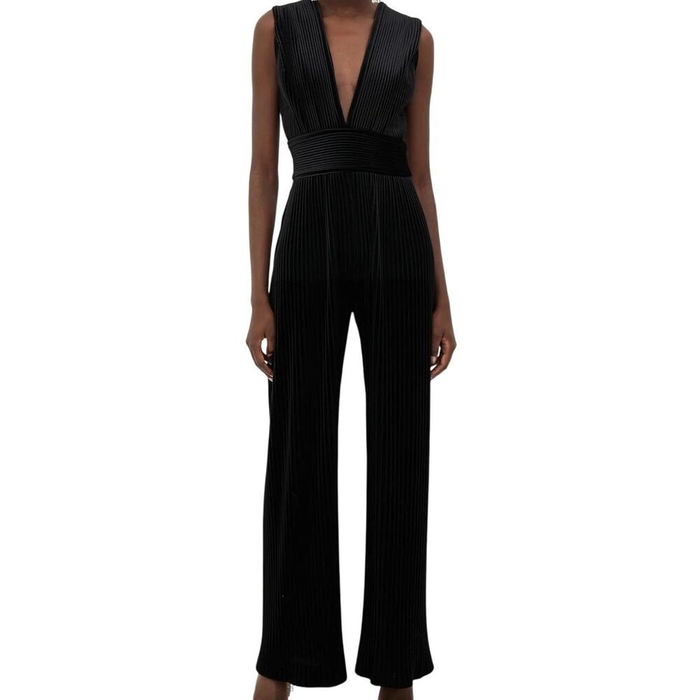 Balmain Black Pleated Velvet Jumpsuit size FR 38 Plunging V Wide-leg Sleeveless